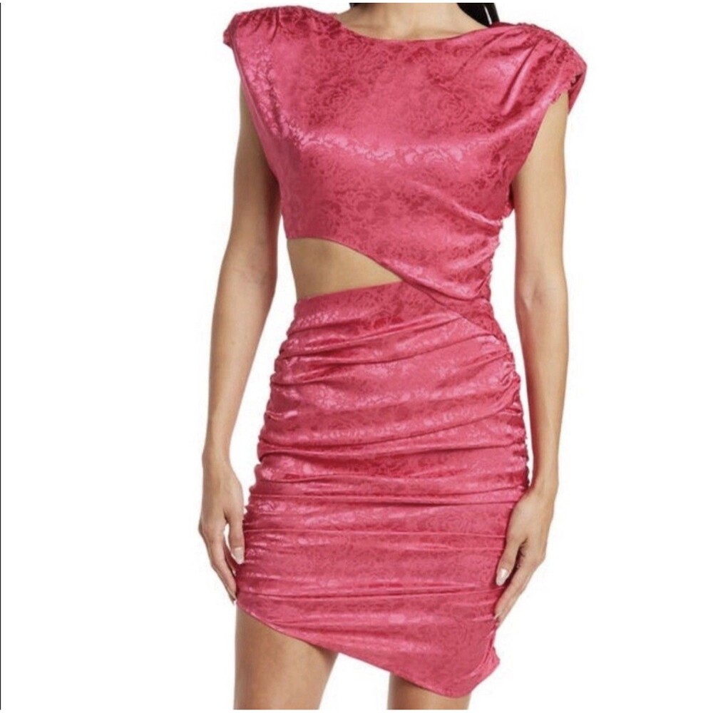 RONNY KOBO Kyle Asymmetric Cutout Ruched Jacquard Barbie Pink Dress XL $368 NWT